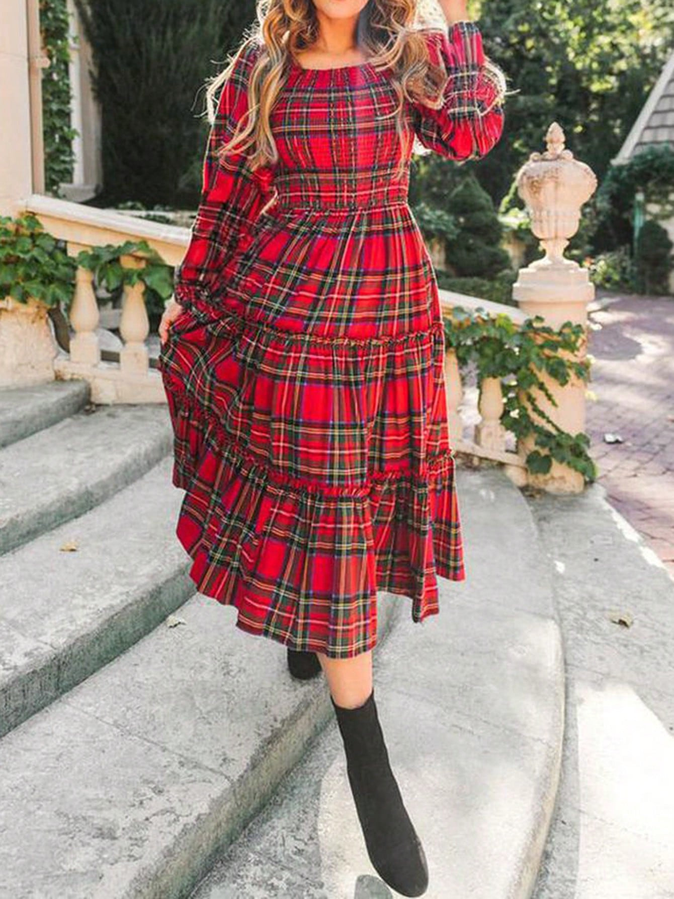 SHEIN Clasi Plus Size Square Collar Long Sleeve Pleated Plaid Casual Dress Christmas Women Clothe... | SHEIN