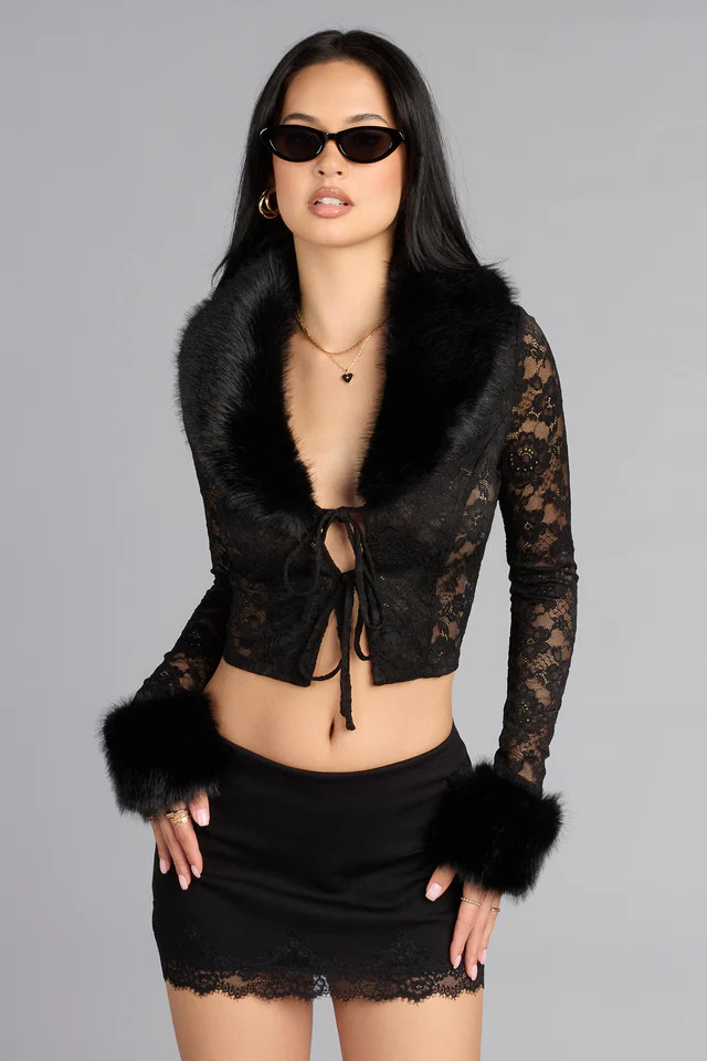 Chic Mood Removable Faux Fur Lace Tie-Front Top | Windsor Stores