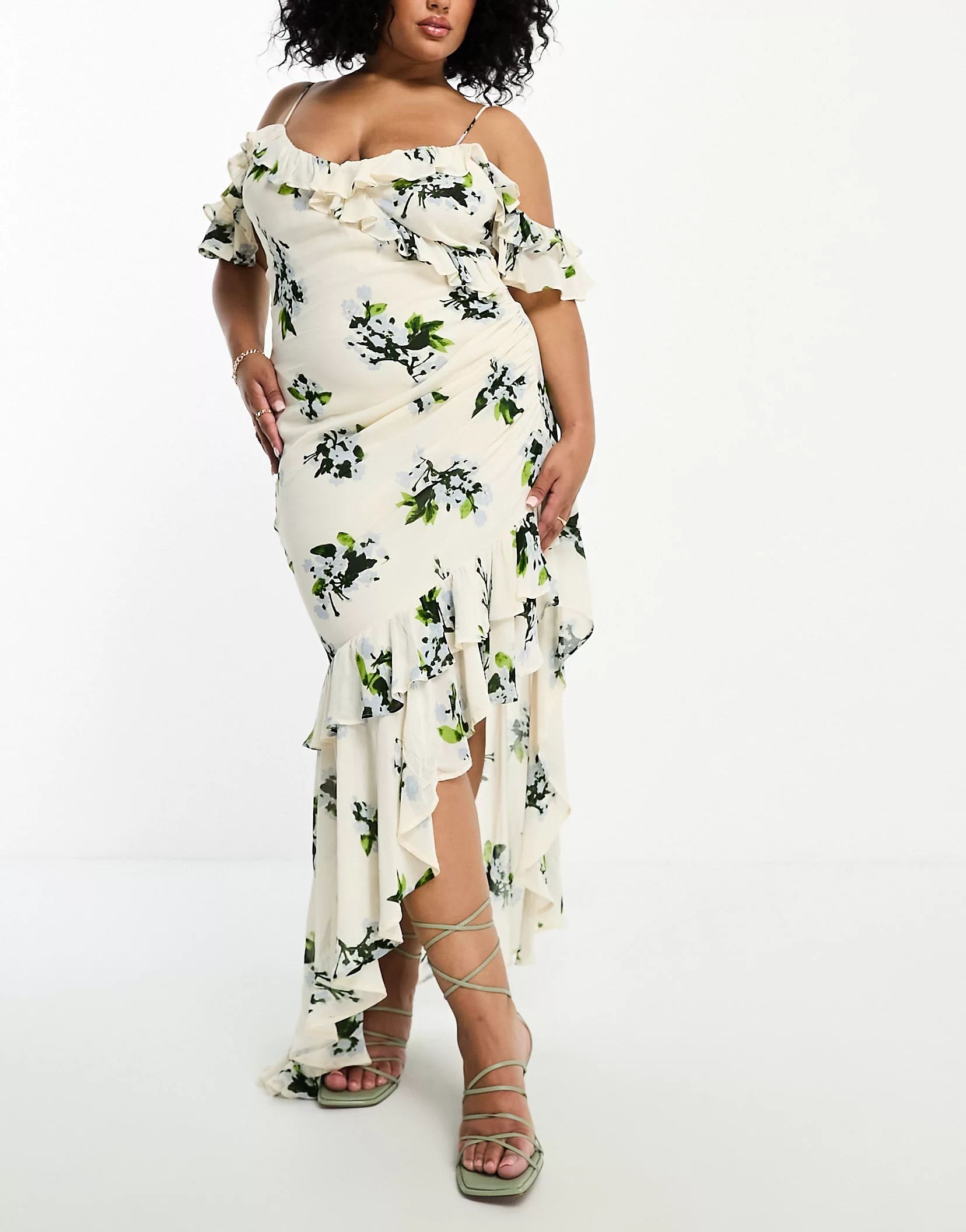ASOS DESIGN Curve ruffle off shoulder asymmetric maxi dress in cream floral print | ASOS (Global)