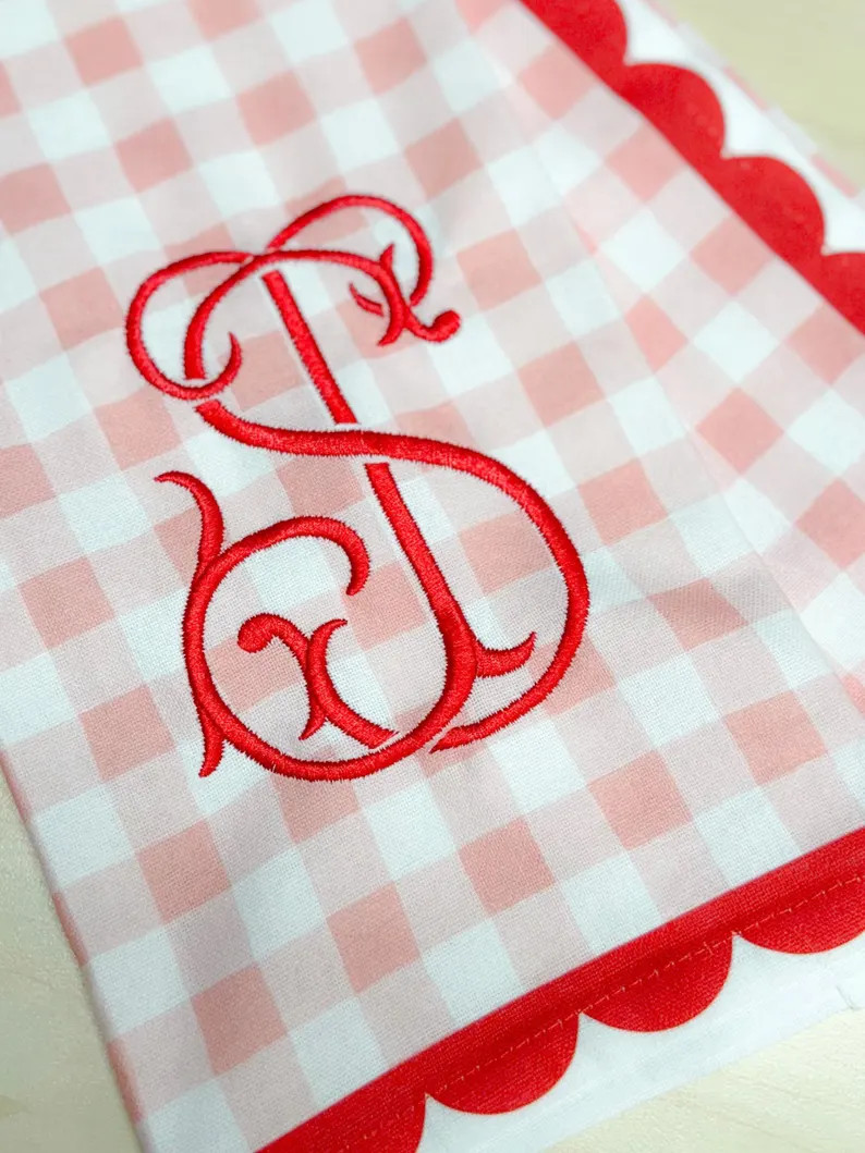 Pink and Red Scallop Check Tea Towel With Monogram - Etsy | Etsy (US)