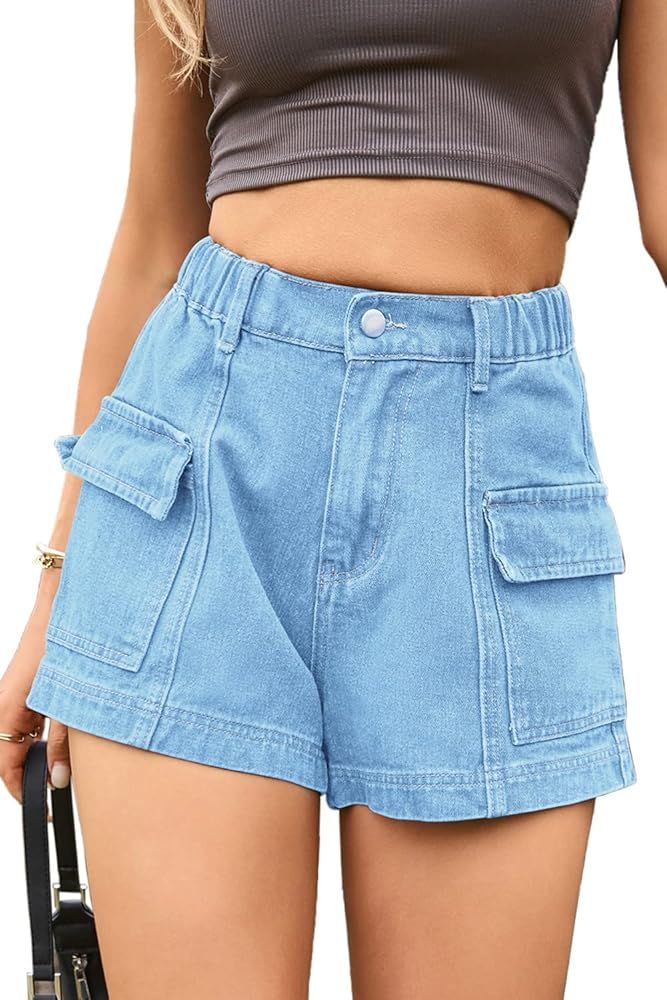 YOCUR Womens Cargo Shorts Summer Casual Jeans Denim Shorts Vintage Loose Button Zipper Shorts | Amazon (US)