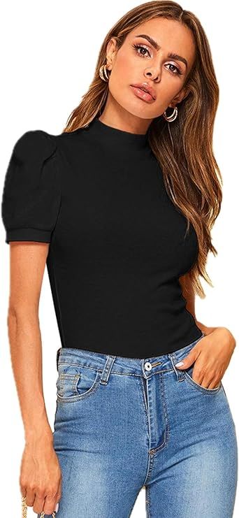 Floerns Women's Solid Tee Mock Neck Short Puff Sleeve Tops Blouse | Amazon (US)