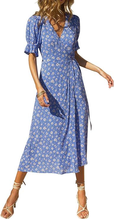R.Vivimos Women's Summer Cotton Floral Puff Sleeves Casual V-Neck Boho Slit Wrap Midi Dress | Amazon (US)