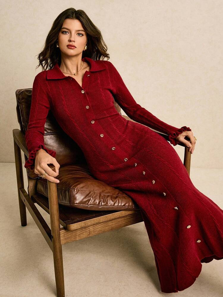 Poéselle Casual Solid Color Fitted Long Sleeve Sweater Dress For Women Fall Dresses For Women Burgundy Dress For Women Red Dress Christmas Dress Winter Dress | SHEIN