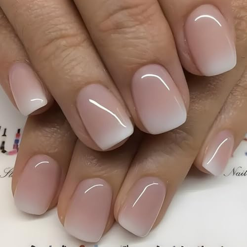 Short Square Press on Nails French Fake Nails with Gradient Pink Nail Designs Nude Nails Press Ons Ombre Glossy Artificial Gel Acrylic Glue on Nails Natural Stick on Nails for Women 24PCS | Amazon (US)