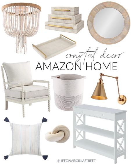 Here are my latest coastal home décor favorites from Amazon!  Items include a wood beaded chandelier, a set of 3 decorative boxes, a decorative tray, a round wood wall mirror and a woven storage basket.  Additional items include a white spindle chair, a brass gold sconce, a striped decorative pillow, a decorative wood knot and a white console table.

Amazon prime day, prime day deals, look for less home, designer inspired, beach house look, amazon haul, amazon accessories, amazon bedroom, amazon beach, amazon deals, amazon furniture, amazon home finds, amazon chairs, amazon lights, amazon office, amazon pillow covers, amazon throw pillows, amazon decor, serena and lily style, amazon must haves, home decor, Amazon finds, Amazon home decor, simple decor, living room decor, neutral design, accent chair, coastal decorating, coastal design, coastal inspiration #ltkfamily  #ltksale  

#LTKfindsunder50 #LTKfindsunder100 #LTKSeasonal #LTKhome #LTKsalealert #LTKstyletip #LTKhome #LTKsalealert #LTKfindsunder100