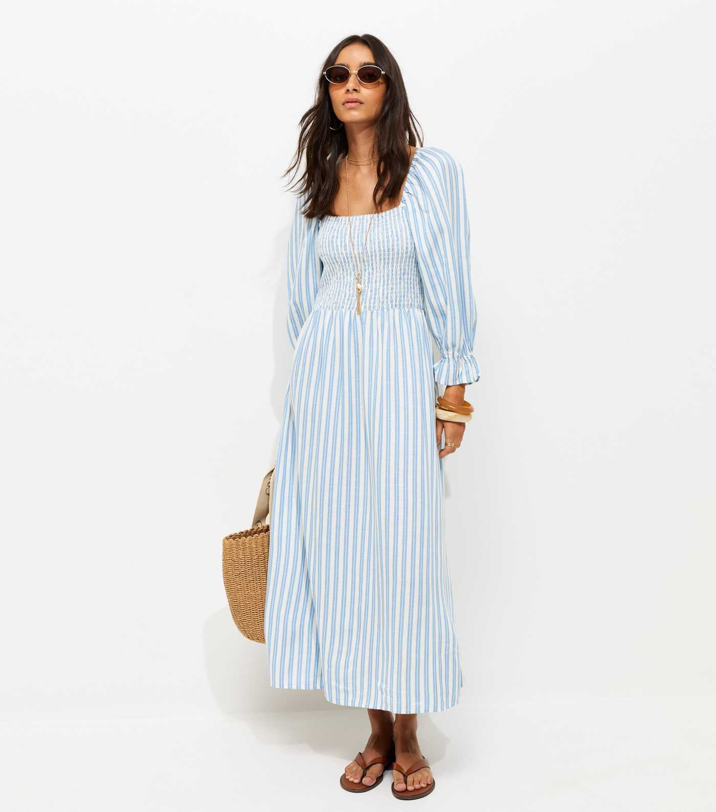 Blue Striped Shirred Puff Sleeve Midi Dress | New Look | New Look (UK)