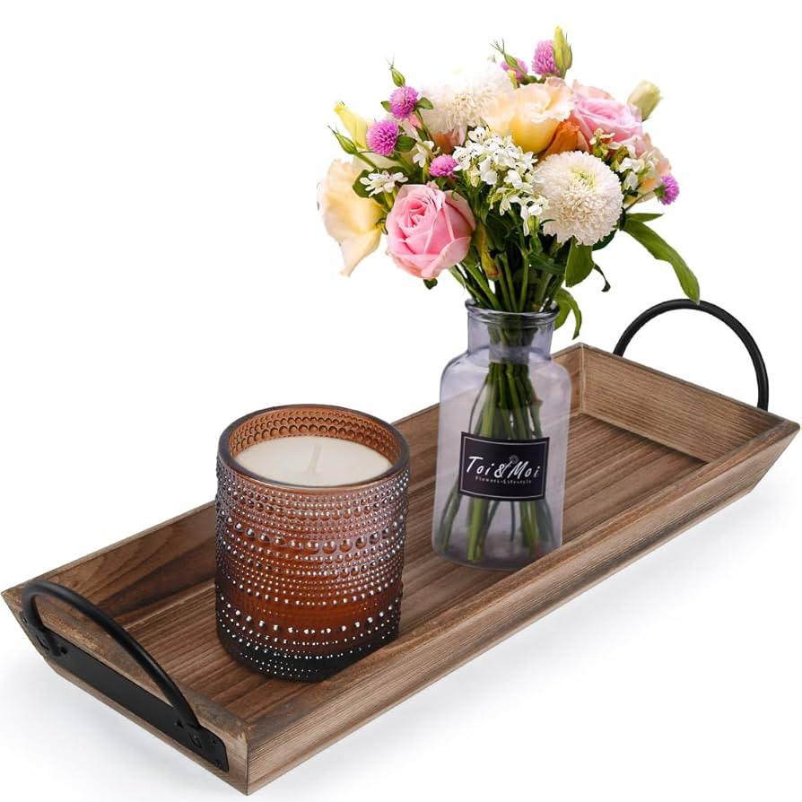 Rectangle Wood Candle Tray with Black Metal Handles, Rustic Wood Candle Holder for Displaying Can... | Amazon (US)