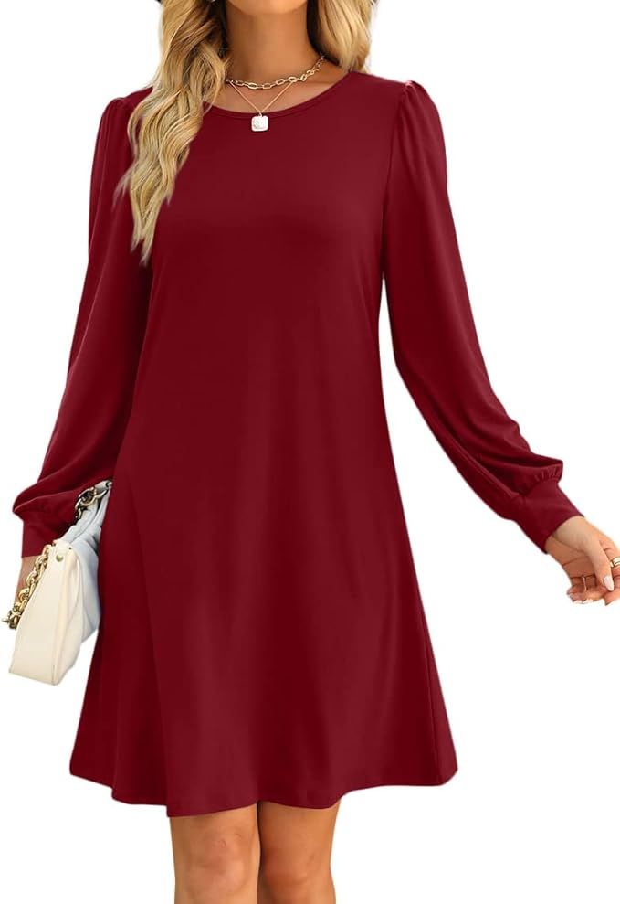Amazon.com: Aloodor Dress for Women 2022 Long Sleeve Crewneck Fall Casual Dresses Red S : Clothin... | Amazon (US)