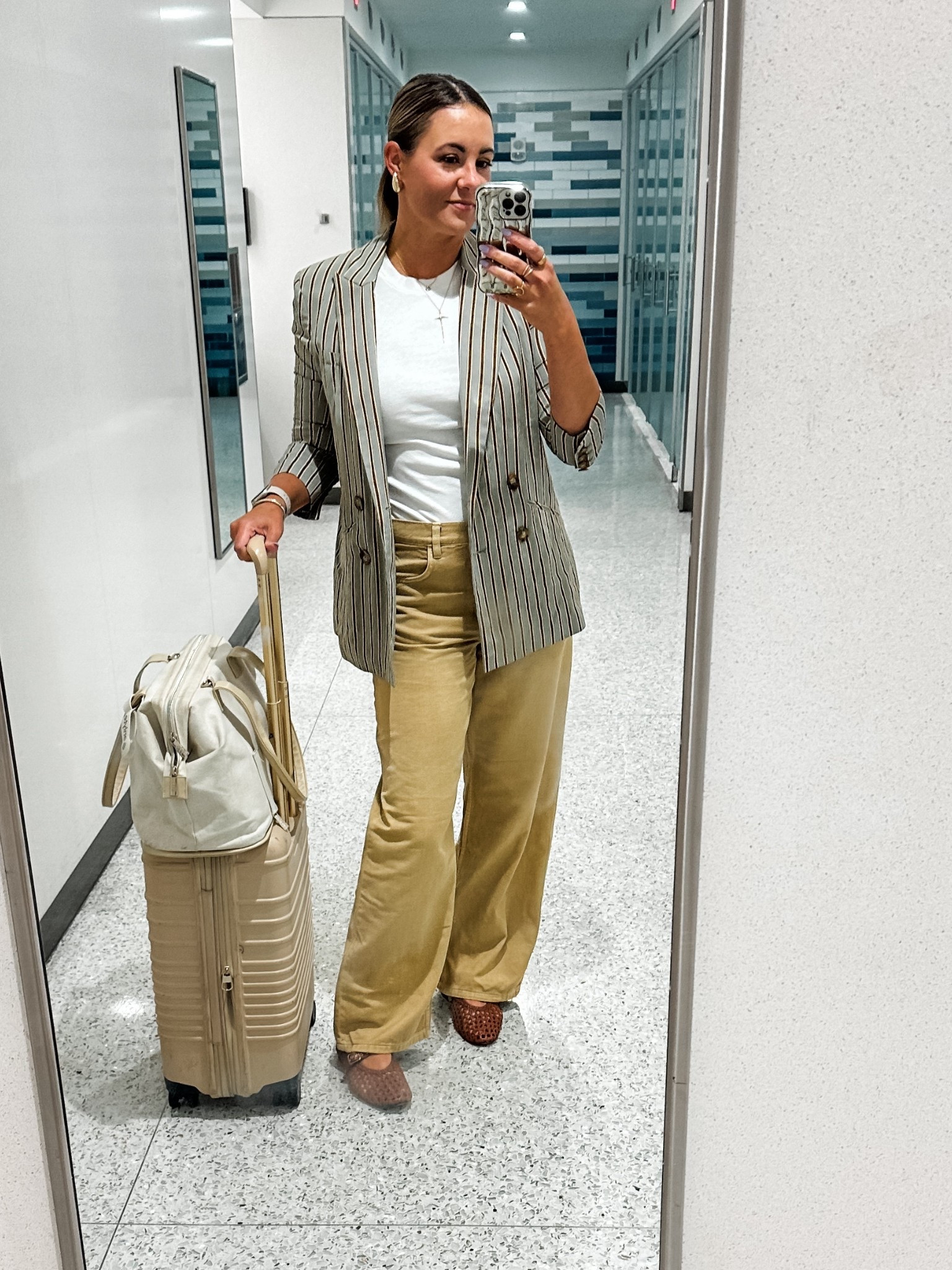 Business travel look.

Airport outfit, comfy jeans, khaki jeans tan denim, wide leg jeans, woven ballet flats, summer blazer, high neck white tee, ribbed white t-shirt, beis luggage, beis carryon, airport style, business casual outfit

#LTKTravel #LTKWorkwear #LTKStyleTip