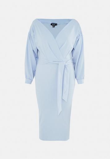 Plus Size Blue Plunge Wrap Midi Dress | Missguided (US & CA)