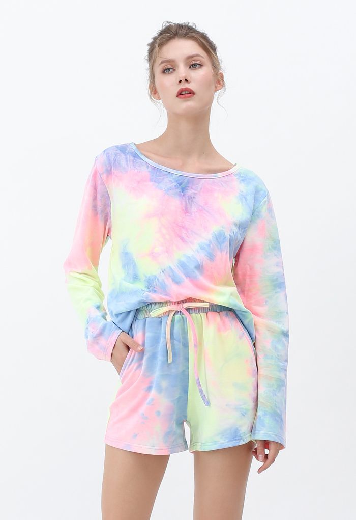 Multi Colored Tie-Dye Long Sleeves Top and Drawstring Shorts Set | Chicwish