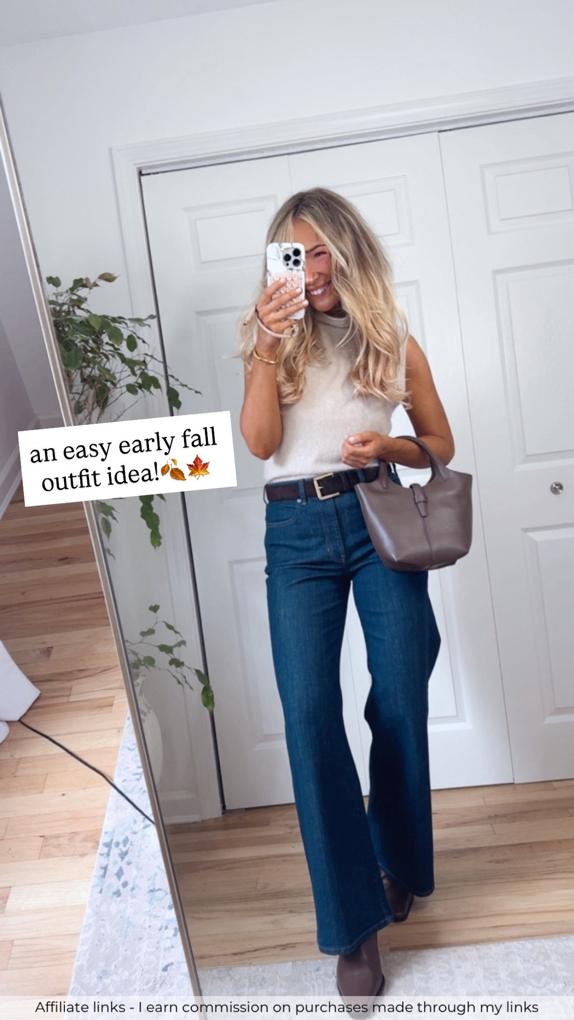 Affiliate links - I earn commission on purchases made through my links

Easy early fall outfit idea
Sleeveless cashmere sweater
J.Crew wide leg jeans
Brown boots
Brown suede belt
Brown bag
Classic style