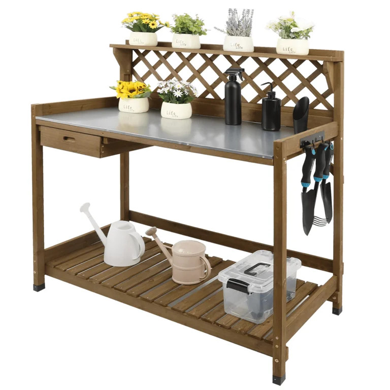 PETSCOSSET Wooden Potting Bench Outdoor - Galvanized Metal Top with Drawer Shelf - Brown | Walmart (US)