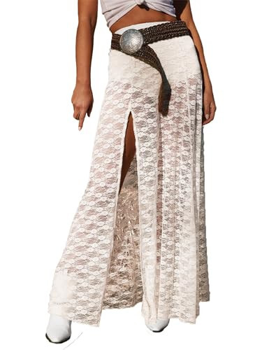 MISSACTIVER Womens Sheer Lace Maxi Skirt Sexy Mesh See Through Long Skirt High Leg Slit Flowy Boho Skirts White | Amazon (US)