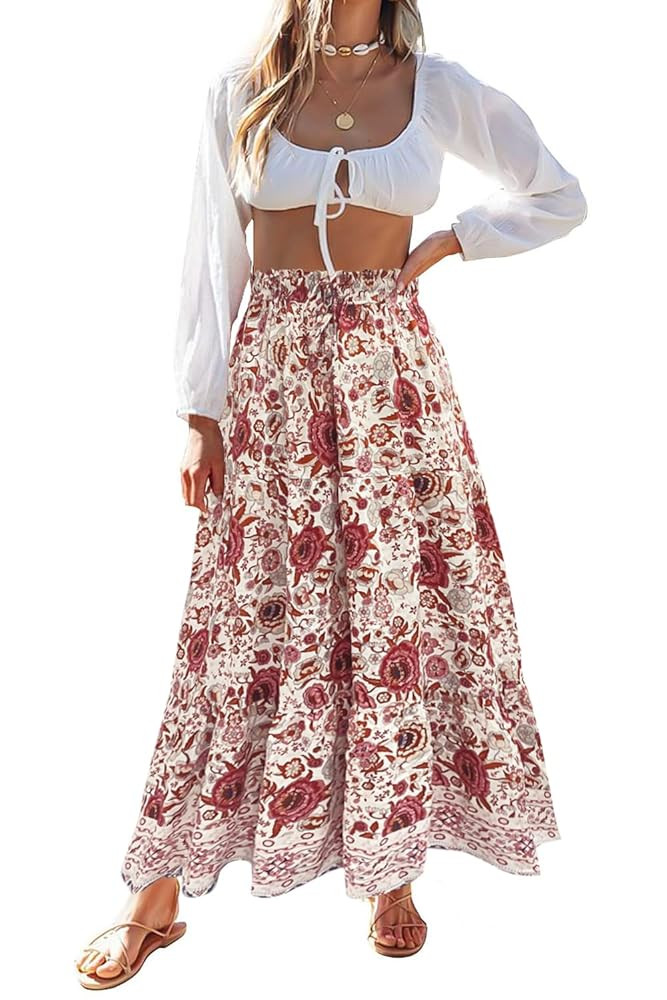 ZESICA Women's 2025 Summer Bohemian Floral Printed Elastic Waist A Line Maxi Skirt with Pockets | Amazon (US)