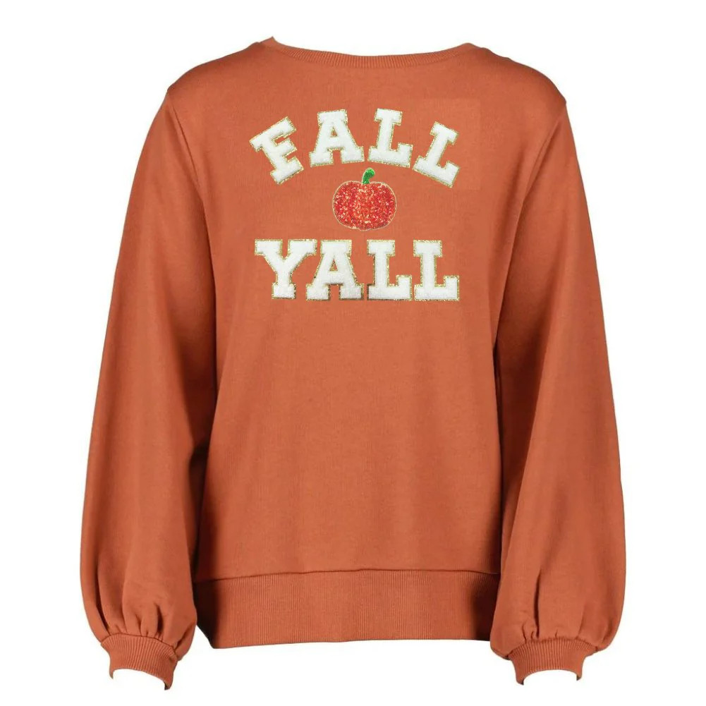 'Fall Y'all Sequin Pumpkin' Letter Patch Balloon Sleeve Crewneck | United Monograms