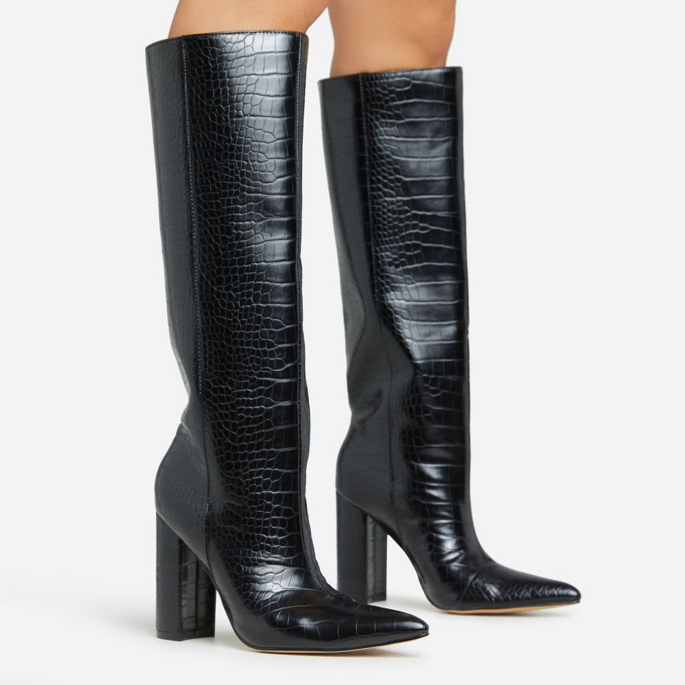 Louise Pointed Toe Block Heel Knee High Long Boot In Black Croc Print Faux Leather | EGO (UK)