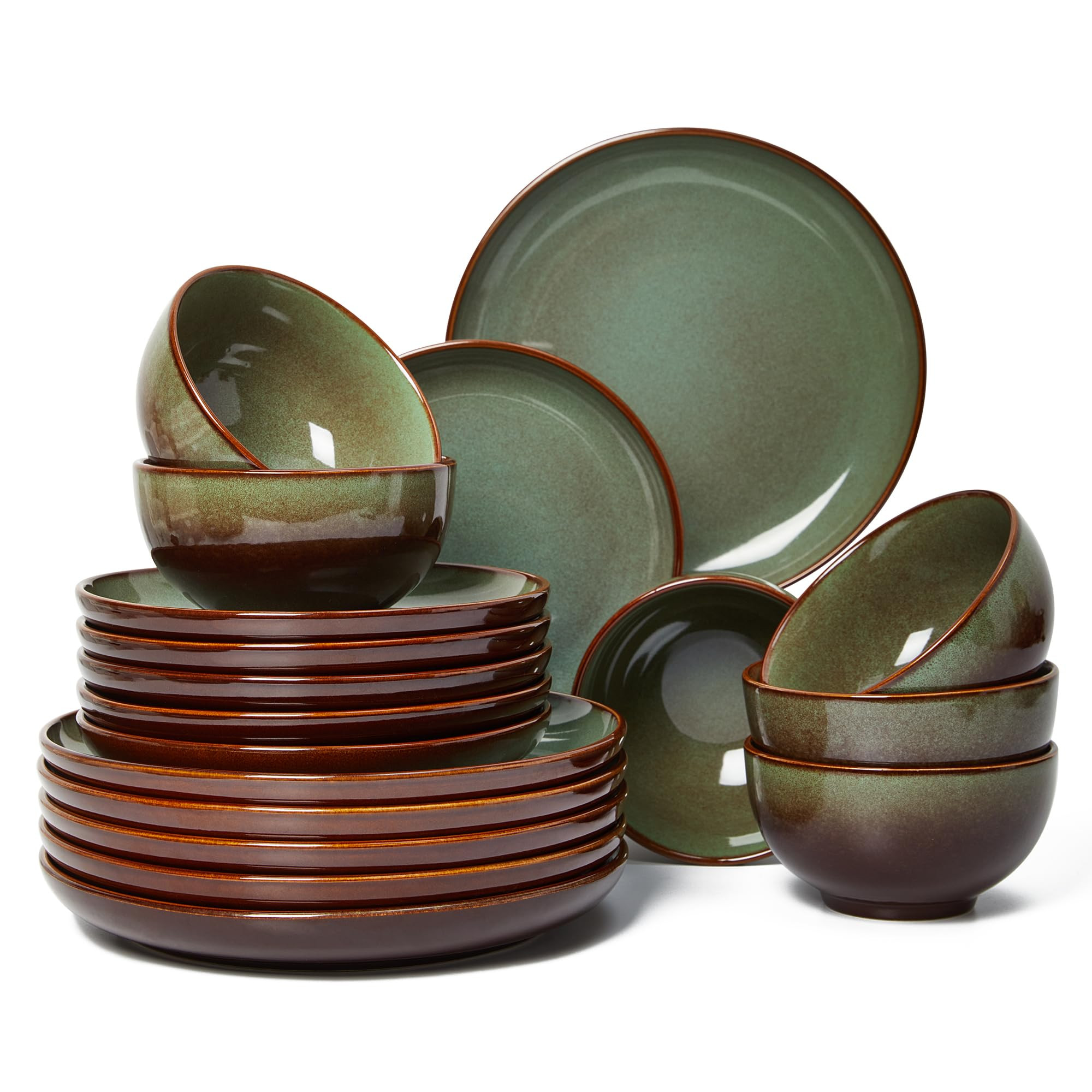 Stoneware Dinnerware Set for 6, POKINI 18 PCS Reactive Glaze Plates and Bowls Set, Handmade Ceramic Dishes Set, Highly Chip and Crack Resistant Modern Plate Set, Brown Green | Amazon (CA)