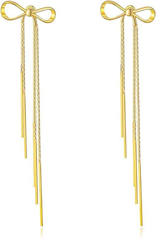 Gold Bow Earrings for Women Ribbon Stud Earrings Gift Gold Bow Earrings Dangle Tassel Ribbon Earr... | Amazon (US)