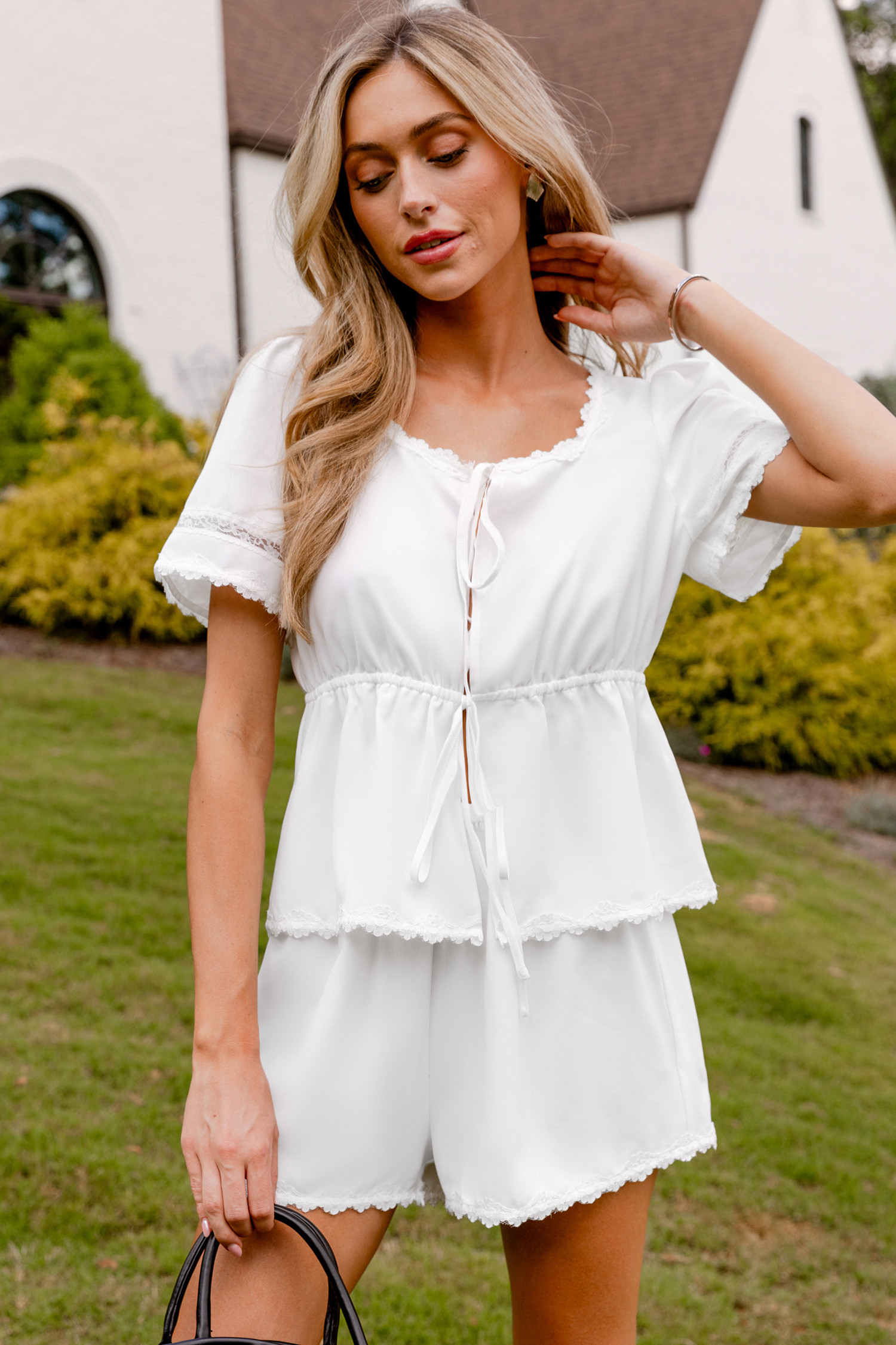 White Scoop Neck Open Front Top & Straight Leg Shorts Set | Cupshe US