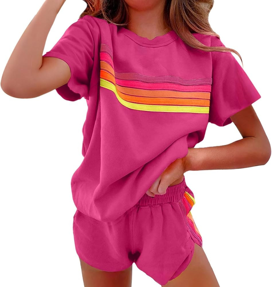Women's 2 Piece Sets Summer Rainbow Striped Short Set Comfortable Short Sleeve Top and Shorts Mat... | Amazon (US)
