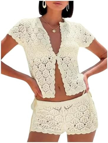 MakeMeChic Women's Crochet 2 Piece Sets Boho Tops Mini Shorts Swimsuit Coverup Beach Vacation Out... | Amazon (US)