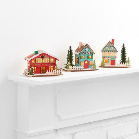 Laser Cut Wood Snowy Chalet LED Light Up Decor Set of 3 | World Market