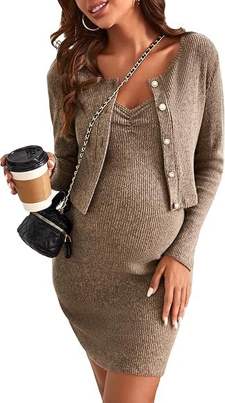 OYOANGLE Women's Maternity Rib Knit 2 Piece Outfits Long Sleeve Button Front Shirt and Bodycon Sh... | Amazon (US)