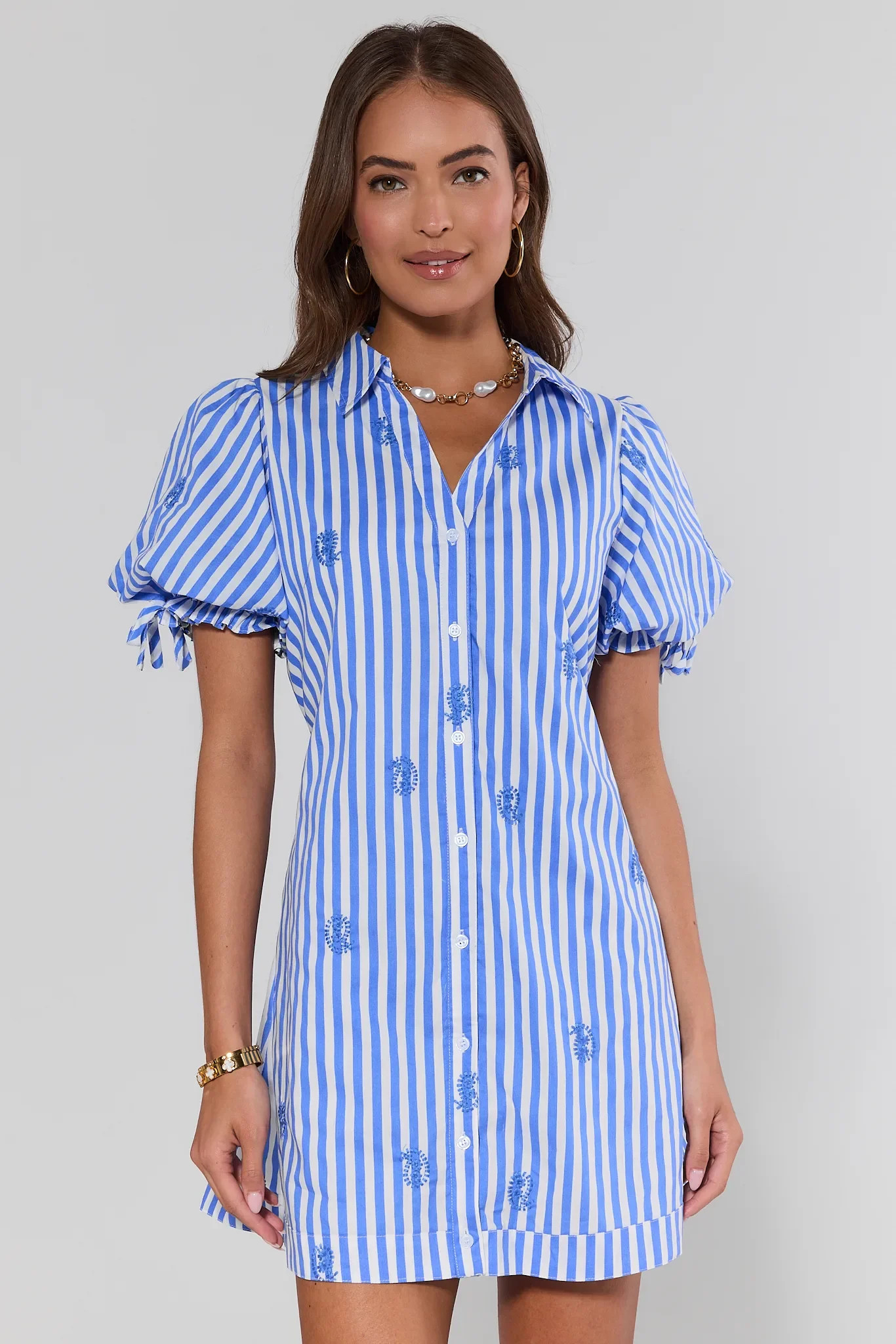 Blue Stripe Embroidered Short Dress | Avara