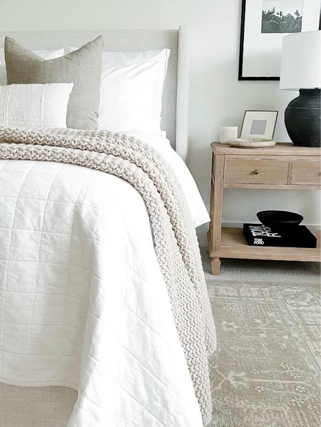 Bedroom, white bedding, linen bedding, nightstand, reeva rug, pottery barn, ceramic lamp, throw blanket 

#LTKFind #LTKhome