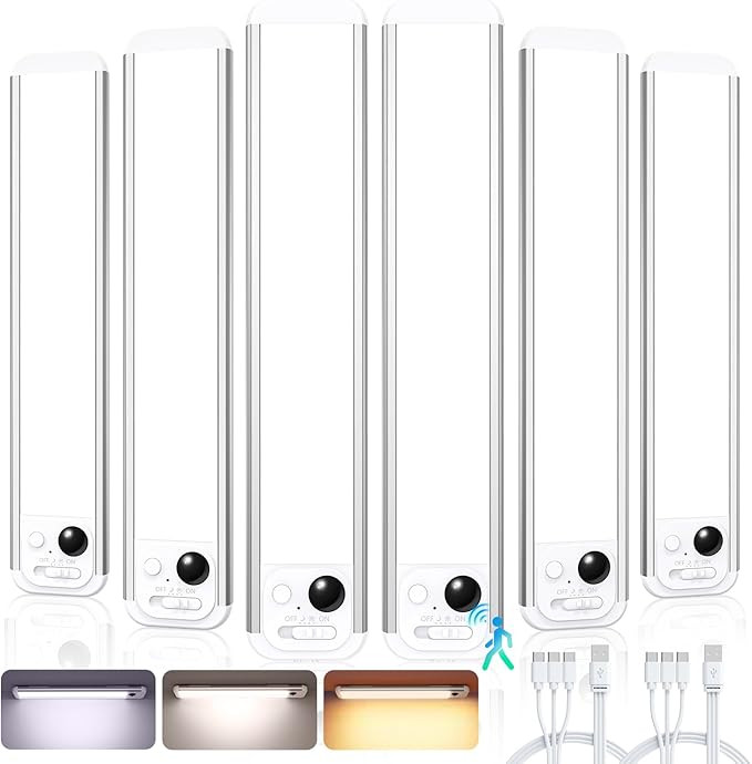 RUIKORING 8.5" Under Cabinet Lighting 6 Pack, 3 Colors, Motion Sensor Light Indoor,48 LED Recharg... | Amazon (US)