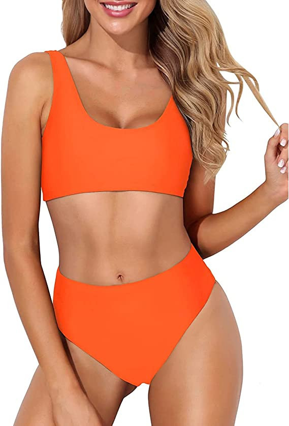 Tempt Me Women Two Piece Scoop Neck Bikini Crop Top High Cut Swimsuit Sporty High Waisted Bathing... | Amazon (US)