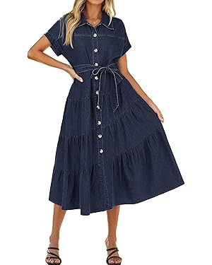 BerryGo Womens Summer Denim Shirt Dress Casual Belted Short Sleeve Button Down Flowy Midi Jeans D... | Amazon (US)