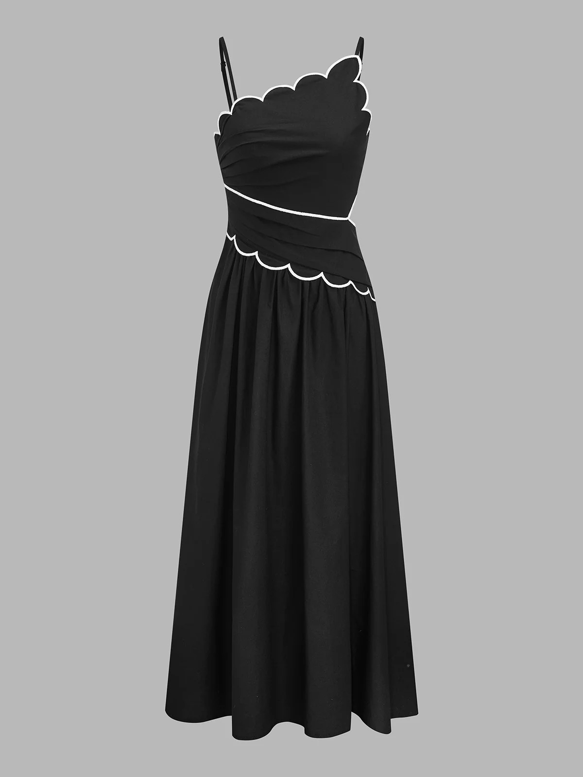 Scallop Trim Ruched Cotton Maxi Slip Dress | Commense