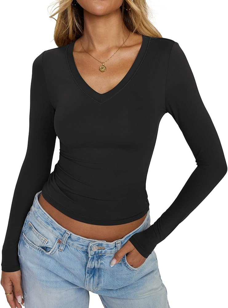 Womens Double Lined V Neck Long Sleeve Shirts Slim Fit Layering Tee Going Out Tops Trendy Fall Cl... | Amazon (US)
