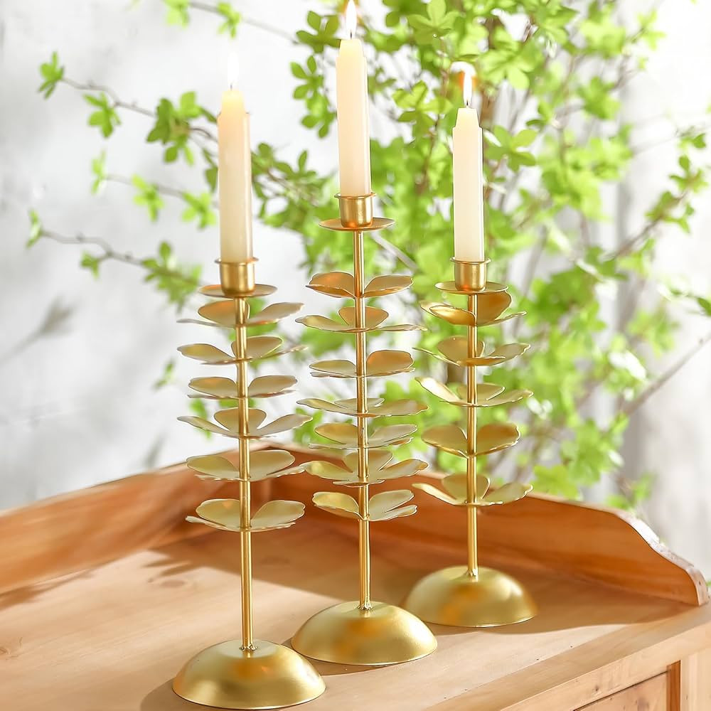 Candlestick Holders Set of 3, Gold Taper Candle Holders, Metal Floral Candle Stick Candle Holder,... | Amazon (US)