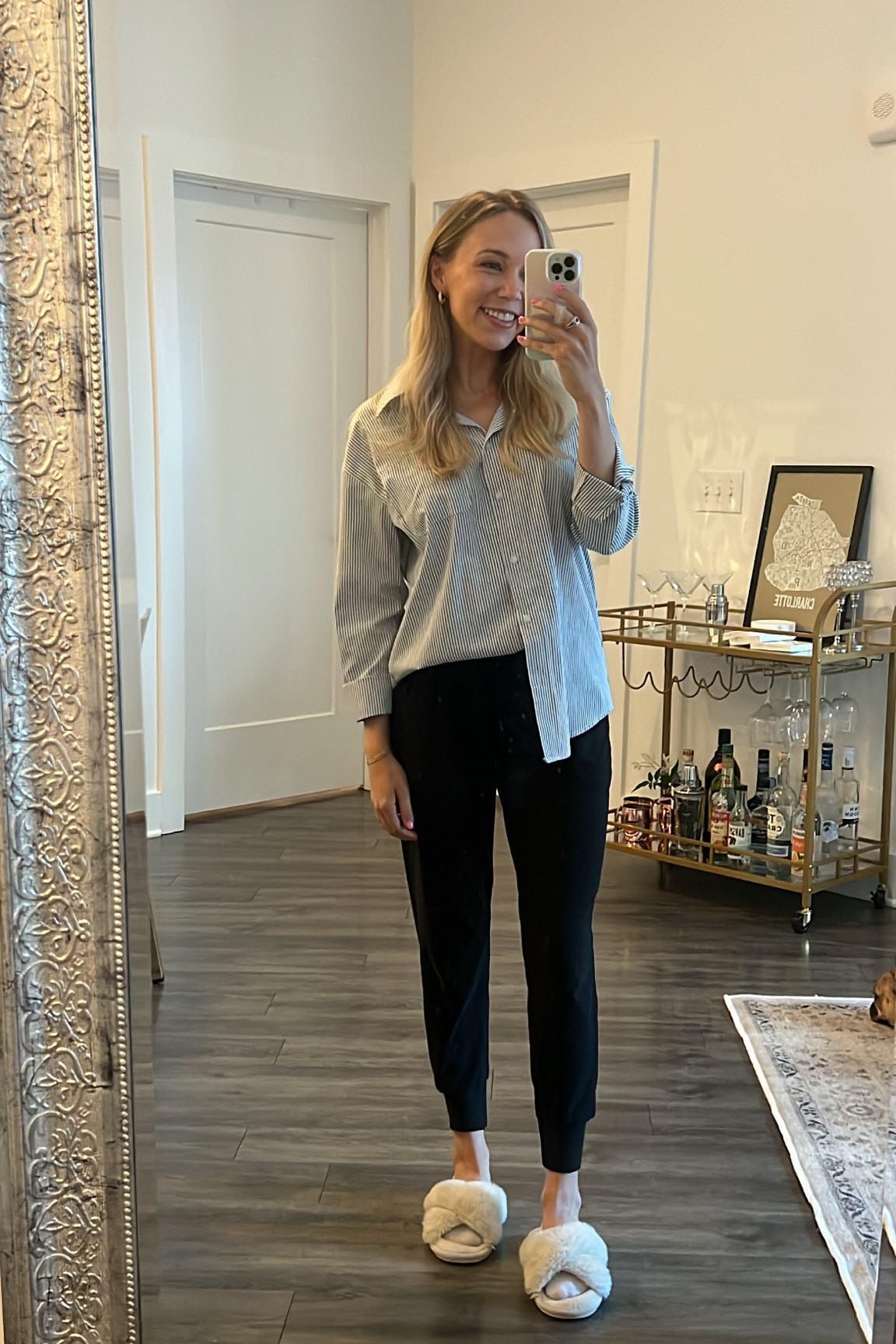 Work from home outfit, button down shirt, women’s work outfit, wfh outfit, womens joggers, white slippers, blue and white striped shirt 

#LTKunder100 #LTKunder50 #LTKworkwear