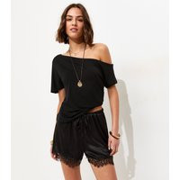 Women's Black Satin Lace Trim Shorts New Look | New Look (UK)