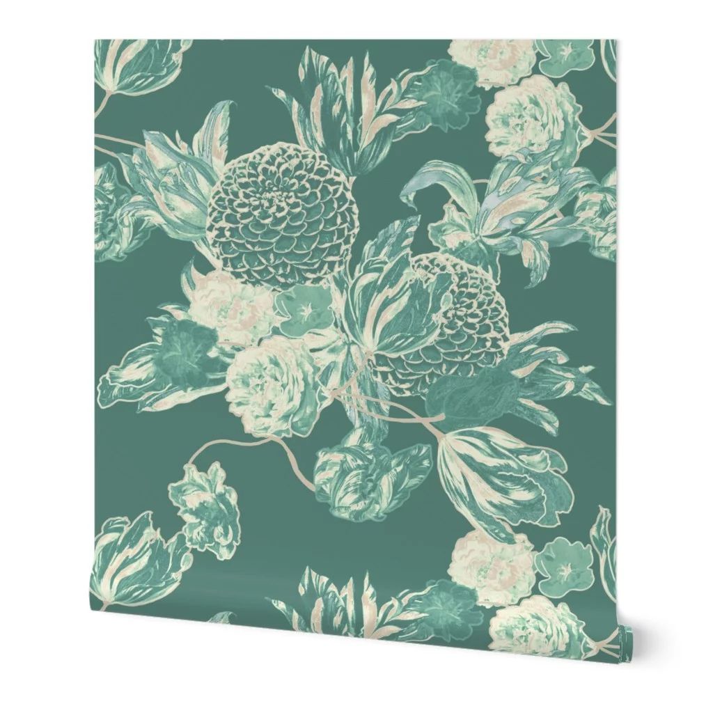 Wallpaper Roll Teal Blue Floral Flowers Mid Century 50 Fifties 24in x 27ft | Walmart (US)