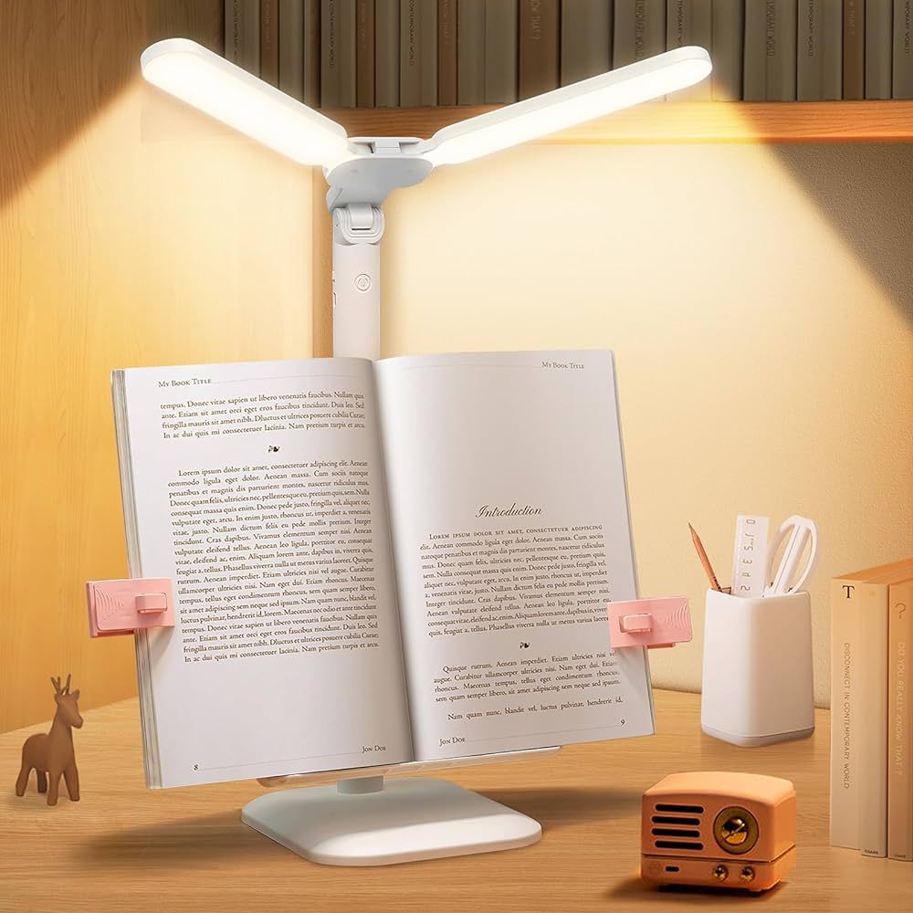 Desk Lamp with Book Stand: Bright LED Reading Lamp, Adjustable Dimmable Dual Swing Arm Eye-Caring... | Amazon (US)