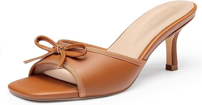 Womens Bow Mules Heels Kitten Heel Slide Sandals Square Toe Slip on Dress Shoes | Amazon (US)