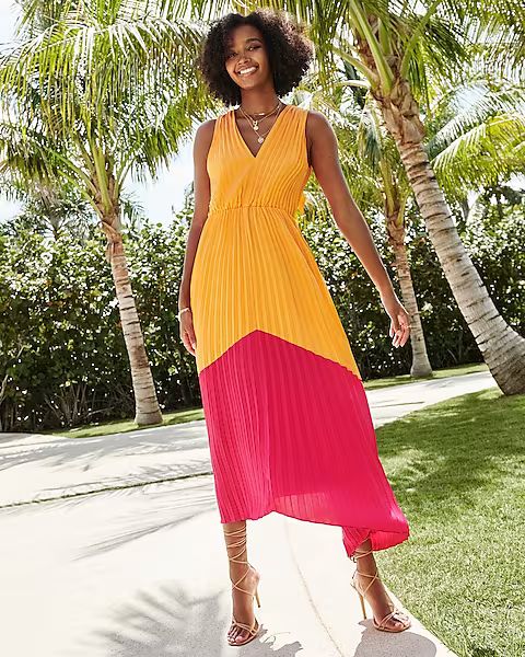 Satin Pleated Color Block Maxi Dress | Express