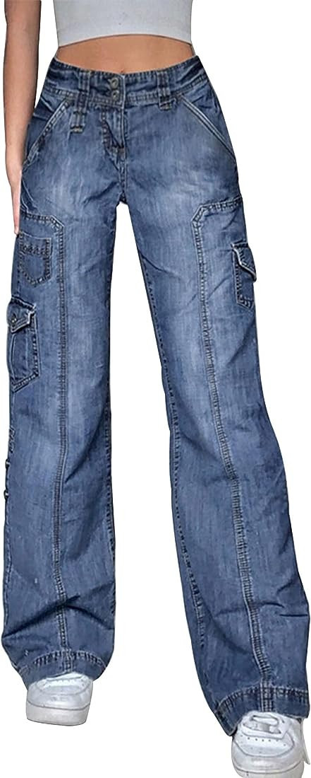 Kisswow Women's High Waist Straight Leg Jeans Cargo Pants Slant Pocket Denim Pants Girls Fashion | Amazon (US)