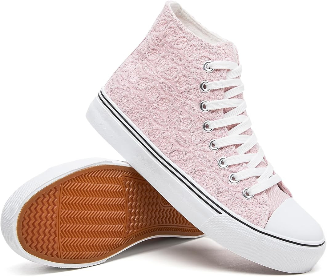 Rominz Women's High Top Canvas Sneakers Fashion Floral Embroidery White & Black Casual Non-Slip S... | Amazon (US)