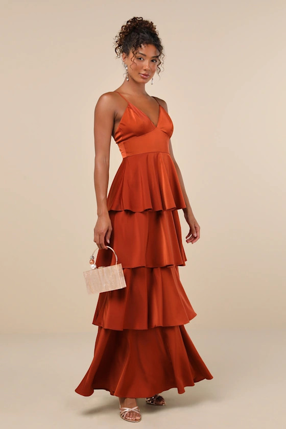 Going with Elegance Rust Brown Satin Tiered Gown | Lulus