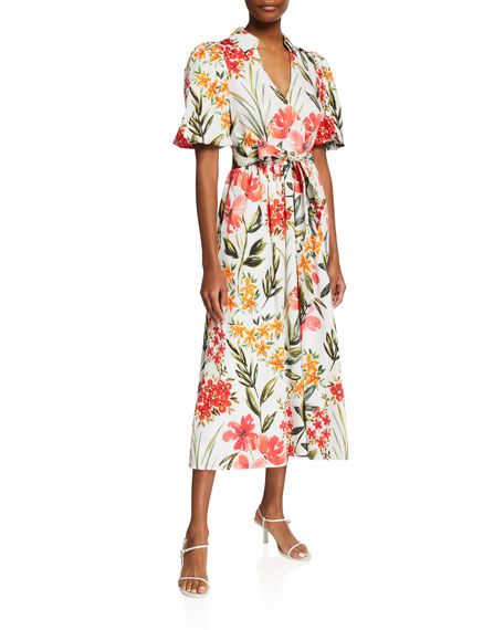Badgley Mischka Collection Floral Puff-Sleeve A-Line Dress | Neiman Marcus