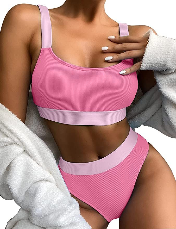 Women Sports High Waisted Swimsuits Two Piece Scoop Neck Crop Top Bikini Cheeky High Cut Ribbed C... | Amazon (US)