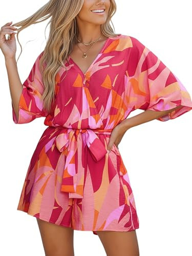 CUPSHE Women's Mini Romper Summer Beach Vacation Loose Fit Half Sleeve V Neck Resort Wear Tropical Holiday Short Jumpsuit Red/Pink, XS | Amazon (US)