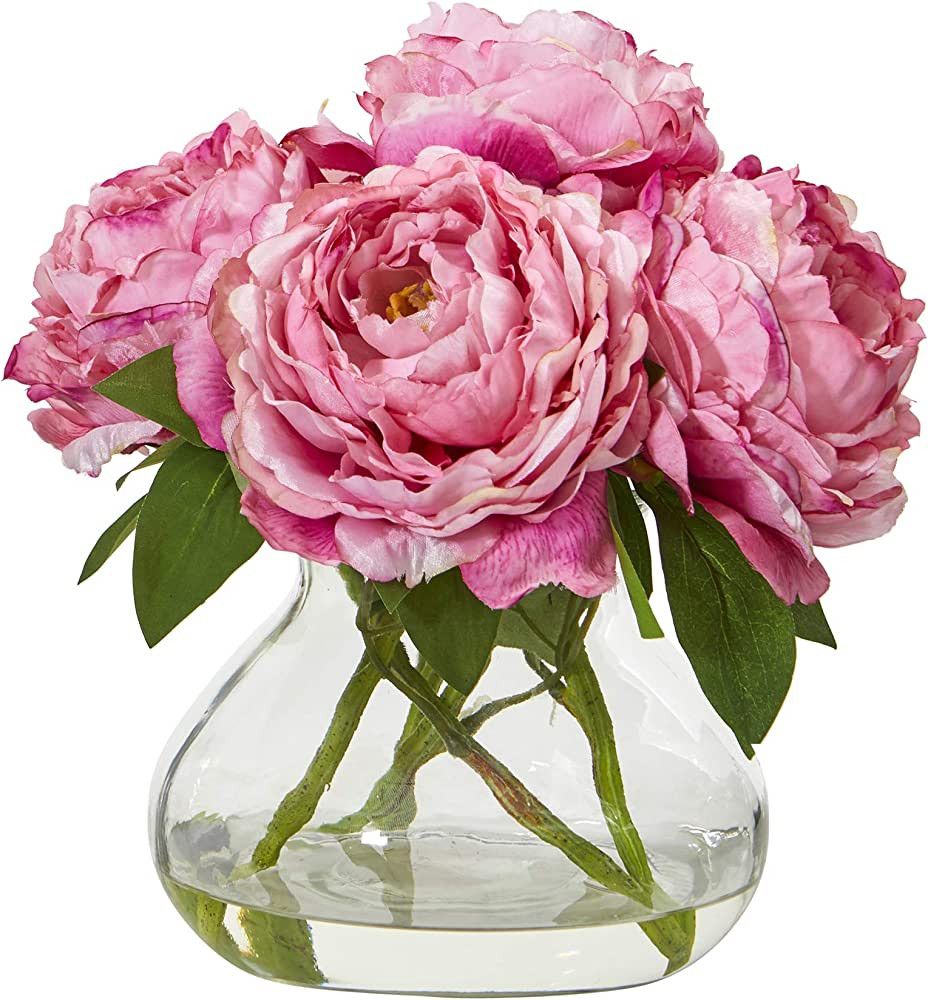 Nearly Natural Mini 10in. Peony Artificial Glass Vase Silk Arrangements, Pink | Amazon (US)